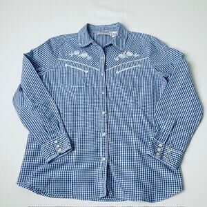 Gingham Western Shirt Embroidered Roses Snap Front M Cowgirl Prairie Cottagecore